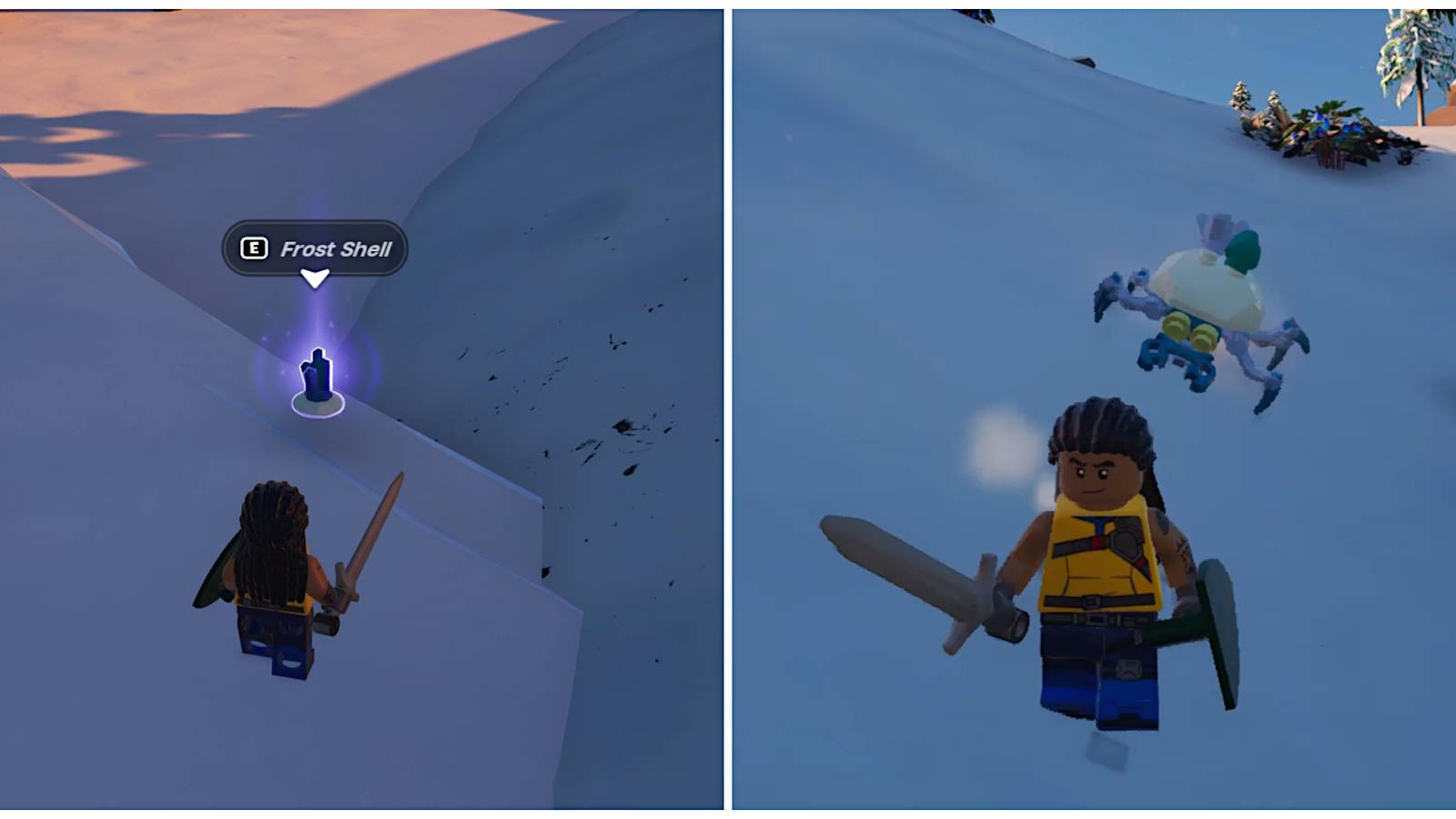 Split image of a character in front of a fallen Frost Shell and a character running from a Frost Roller in Lego Fortnite