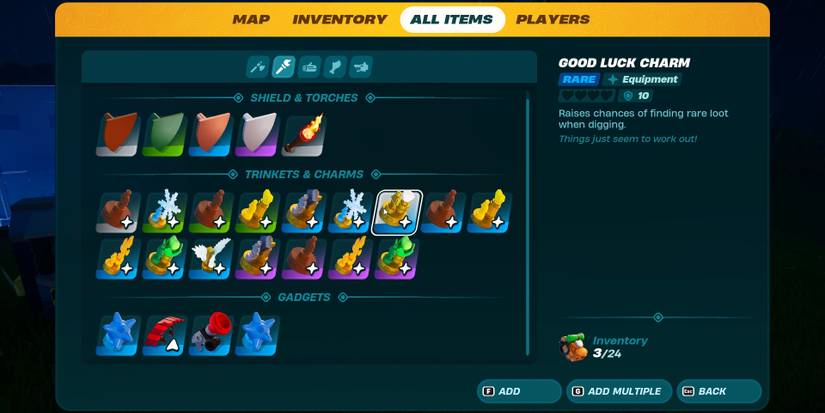 Image of the Good Luck Charm and other Charms available in Lego Fortnite