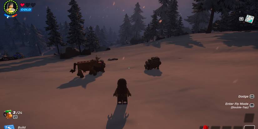 Image of a character in front of a couple gray sheep in Lego Fortnite