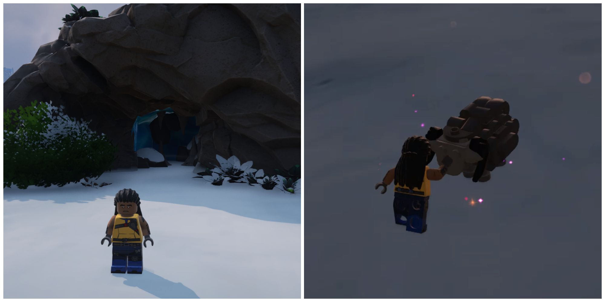 Split image of a character in front of a cave and a character petting a sheep in Lego Fortnite