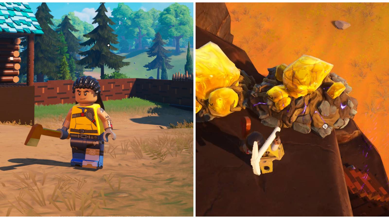 Split image of a character holding a Rare Axe and a character breaking open some Amber in Lego Fortnite