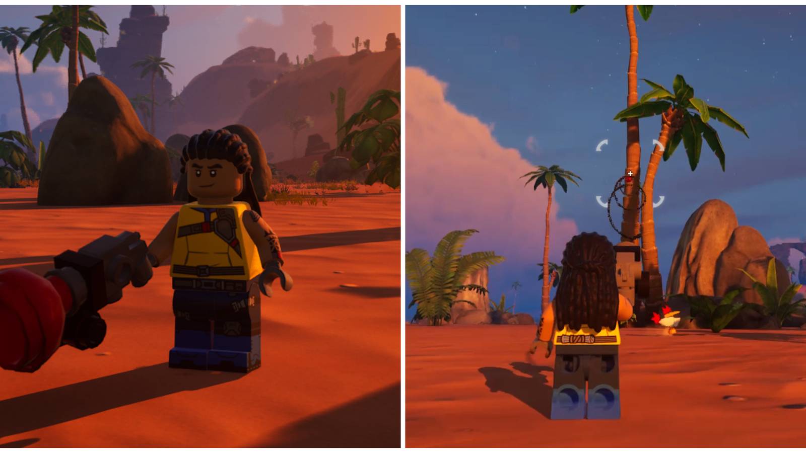 Split image of a character holding a grappler and a character using a grappler in Lego Fortnite