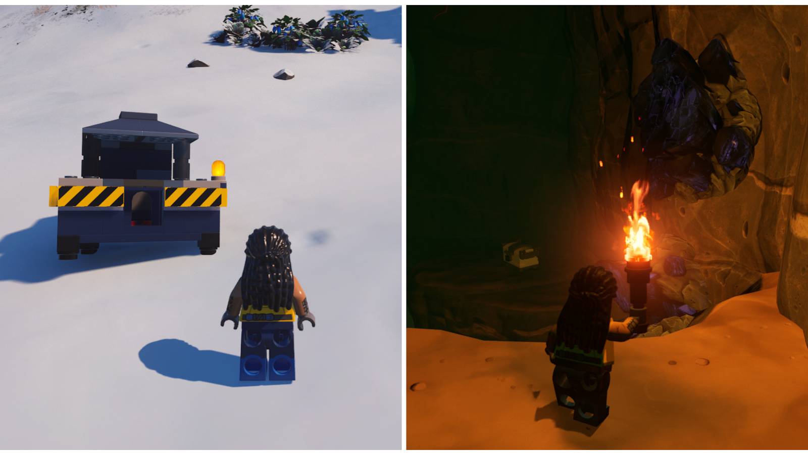 Split image of a character in front of a Metal Smelter and a character finding Obsidian in Lego Fortnite