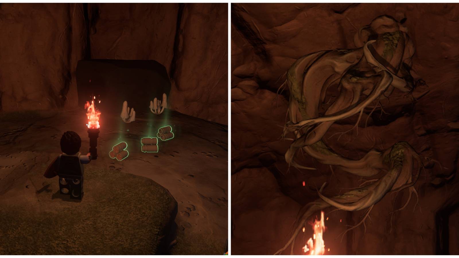 Split image of a character in front of some knotroot pieces and a knotroot branch hanging from the ceiling in Lego Fortnite