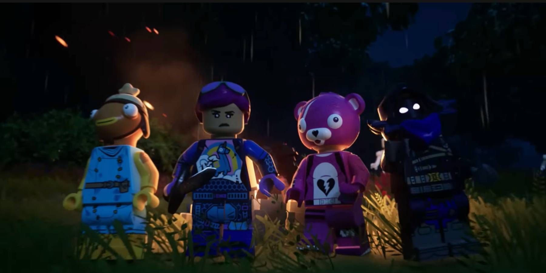 Several LEGO skins gathered at night in a LEGO Fortnite trailer