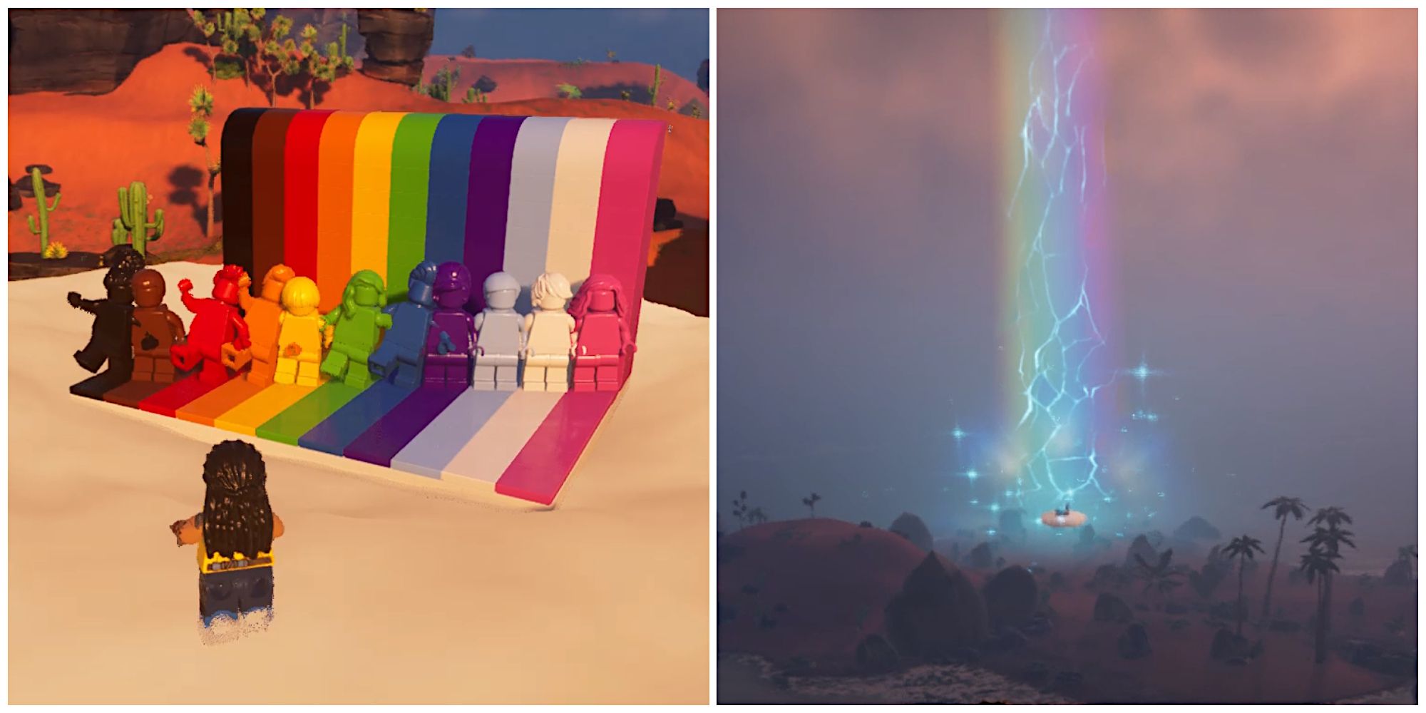 Split image of a character emoting on a rainbow cloud and an image of a rainbow from far away in Lego Fortnite