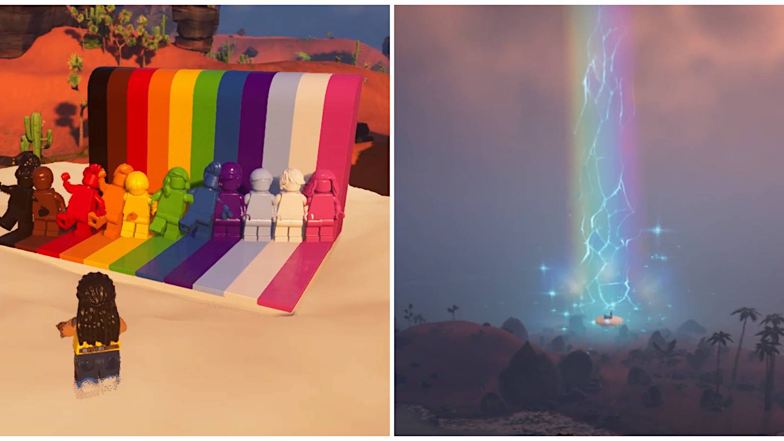 Split image of a character emoting on a rainbow cloud and an image of a rainbow from far away in Lego Fortnite