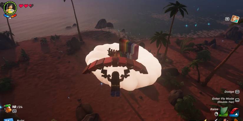 Image of a character using a glider to get to a rainbow cloud in Lego Fortnite