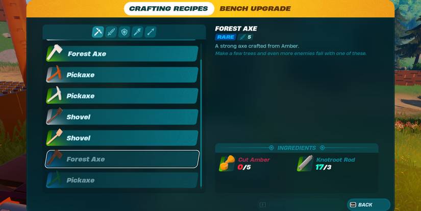 Image of the required ingredients to make the Rare Forest Axe in Lego Fortnite