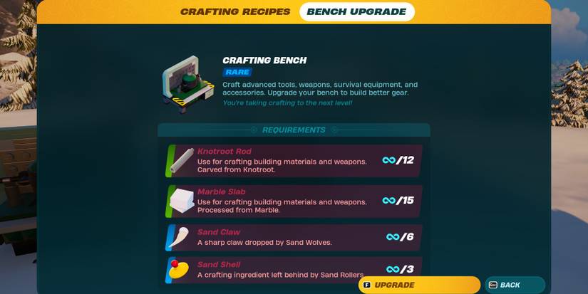 Image of the required materials to create a rare Crafting Bench in Lego Fortnite