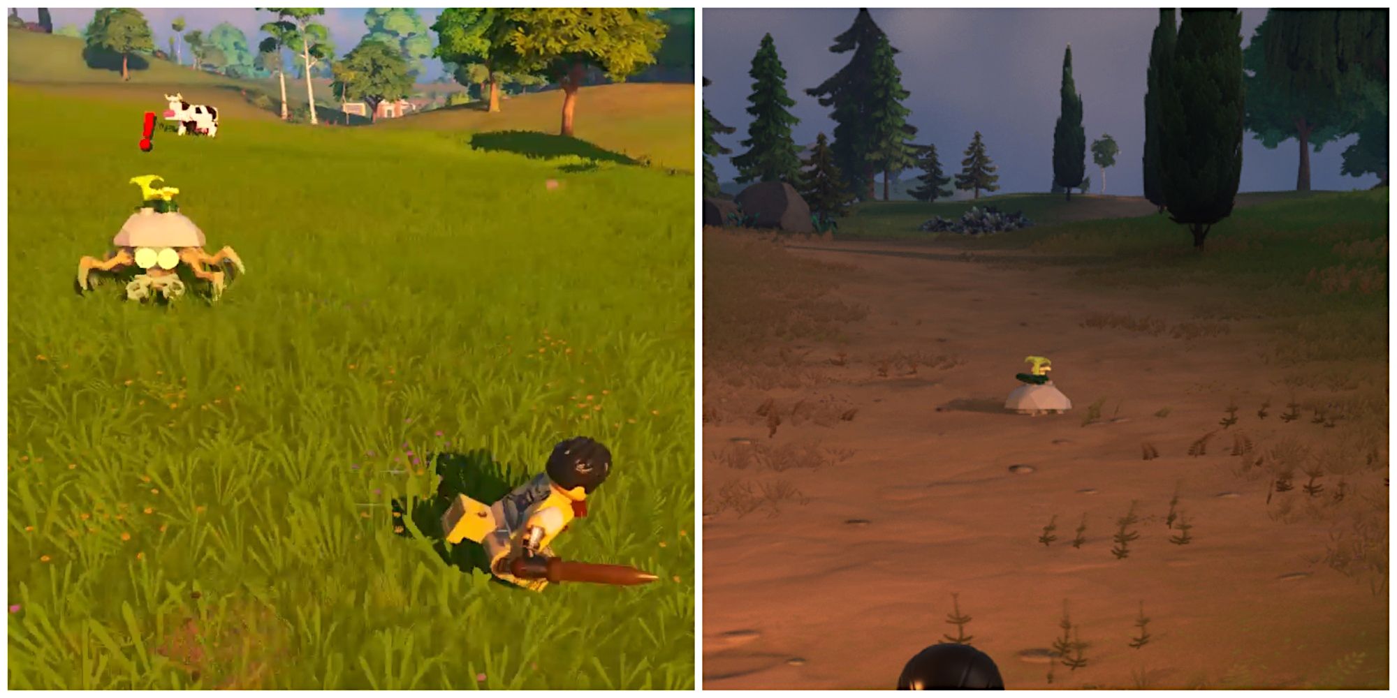 Split image of a character running away from a Roller, and a Roller enemy sticking out of the ground in Lego Fortnite
