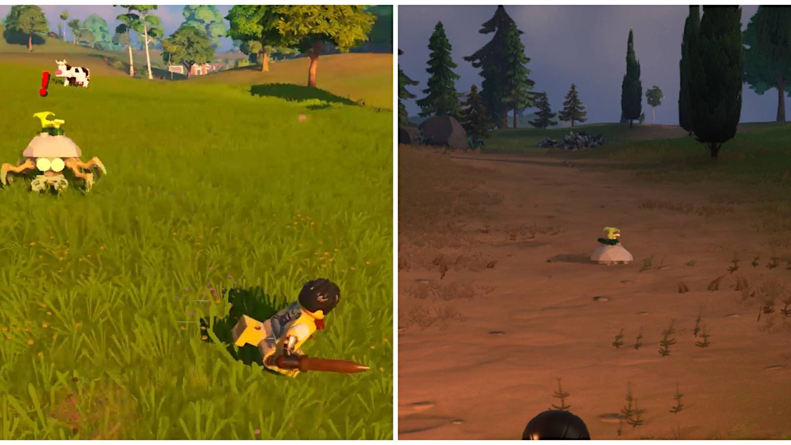 Split image of a character running away from a Roller, and a Roller enemy sticking out of the ground in Lego Fortnite