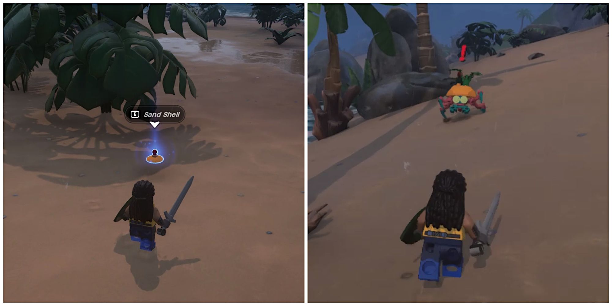Split image of a character in front of a Sand Shell and a character in front of a Sand Roller in Lego Fortnite