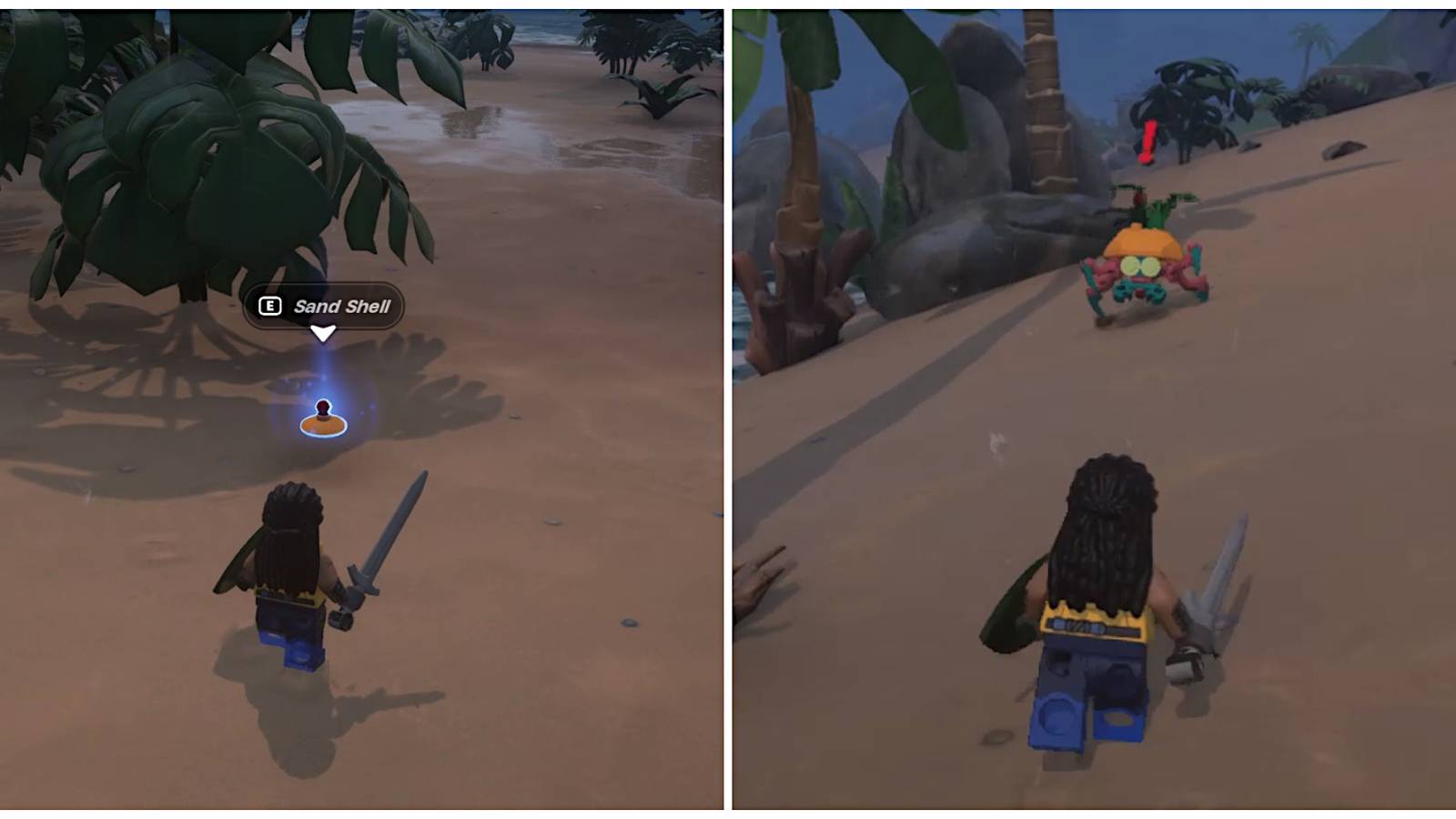 Split image of a character in front of a Sand Shell and a character in front of a Sand Roller in Lego Fortnite