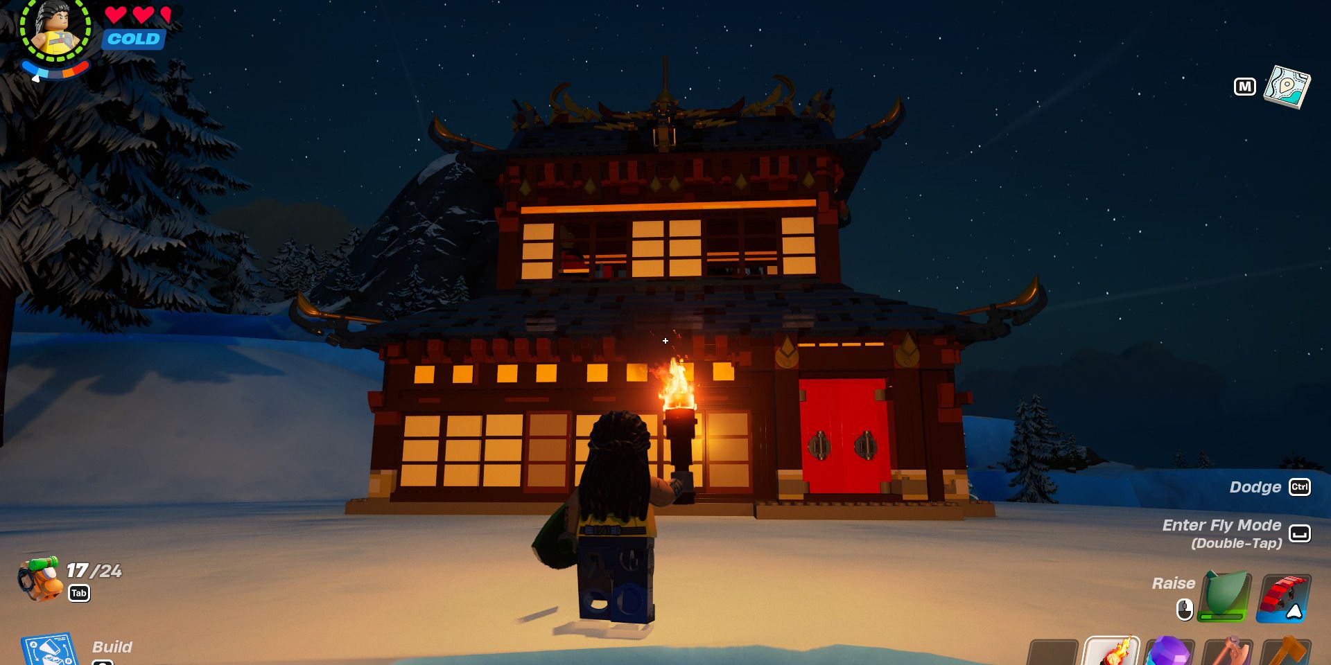 Image of a character standing in front of a Shogun Palace in Lego Fortnite