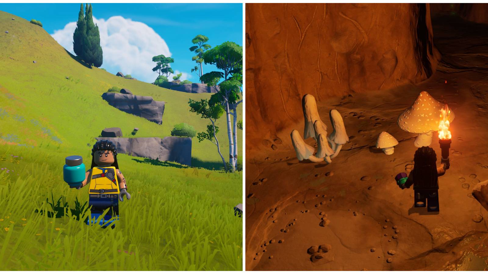 Split image of a character holding Slurp Juice and a character in front of Slurp Mushrooms in Lego Fortnite