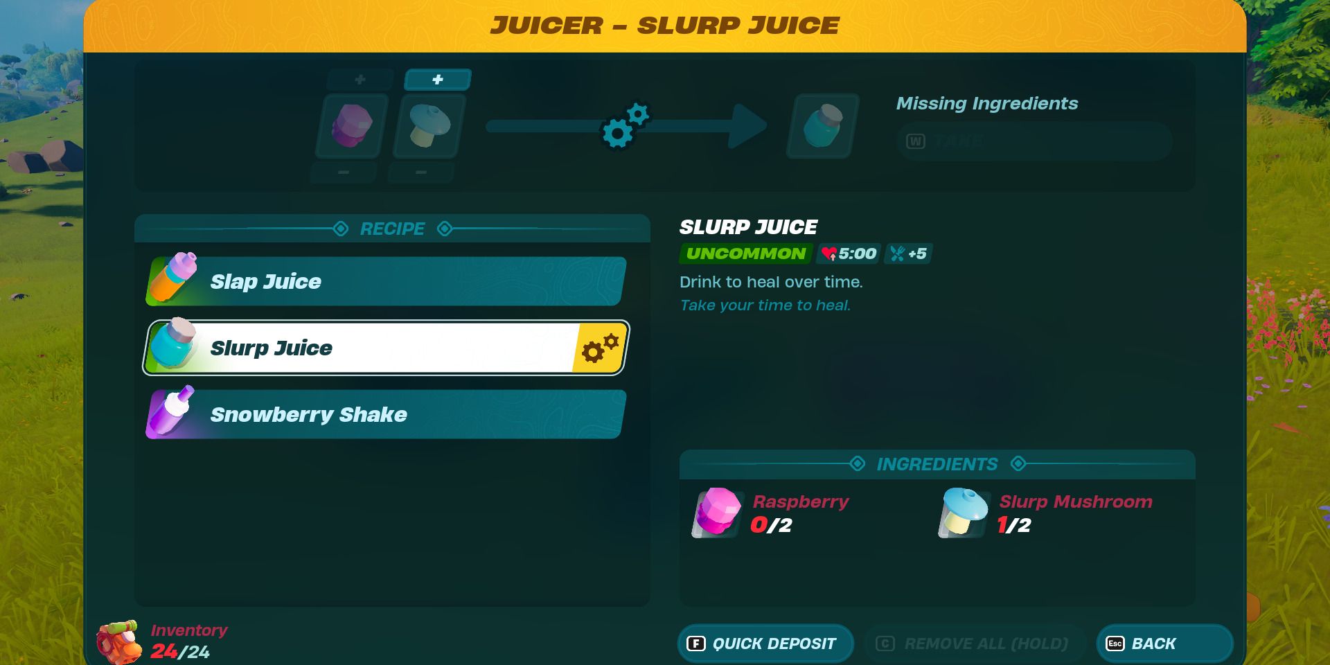 Image of the required ingredients for Slurp Juice in Lego Fortnite
