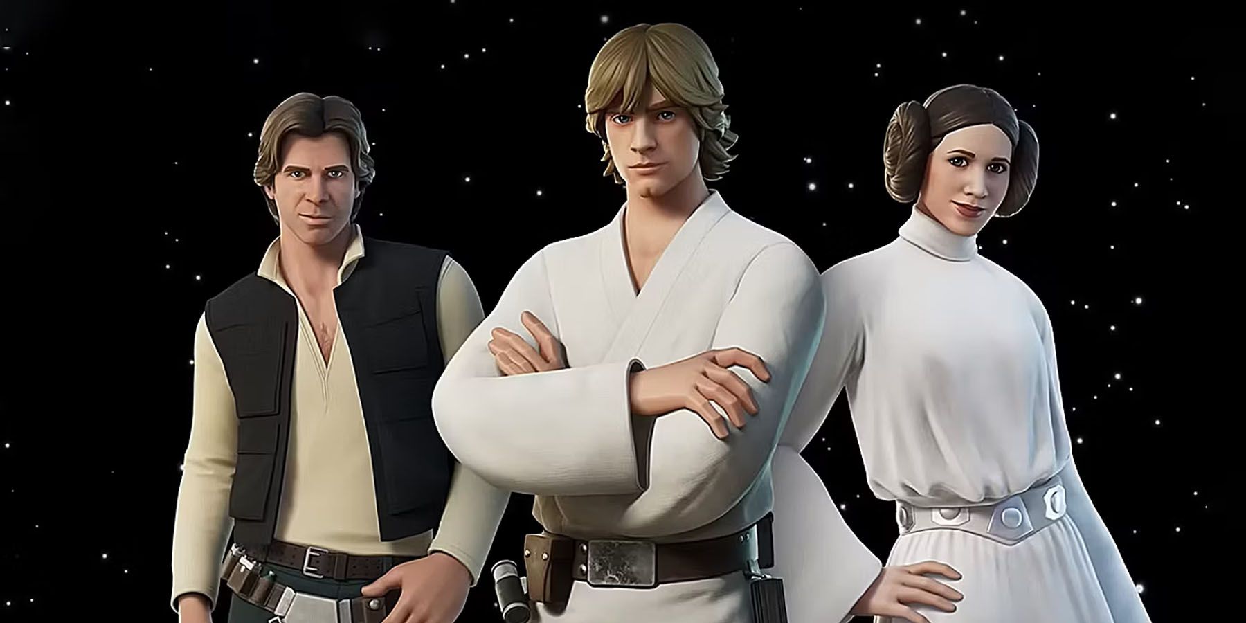 A promotional image of Luke Skywalker, Han Solo, and Princess Leia in Fortnite.