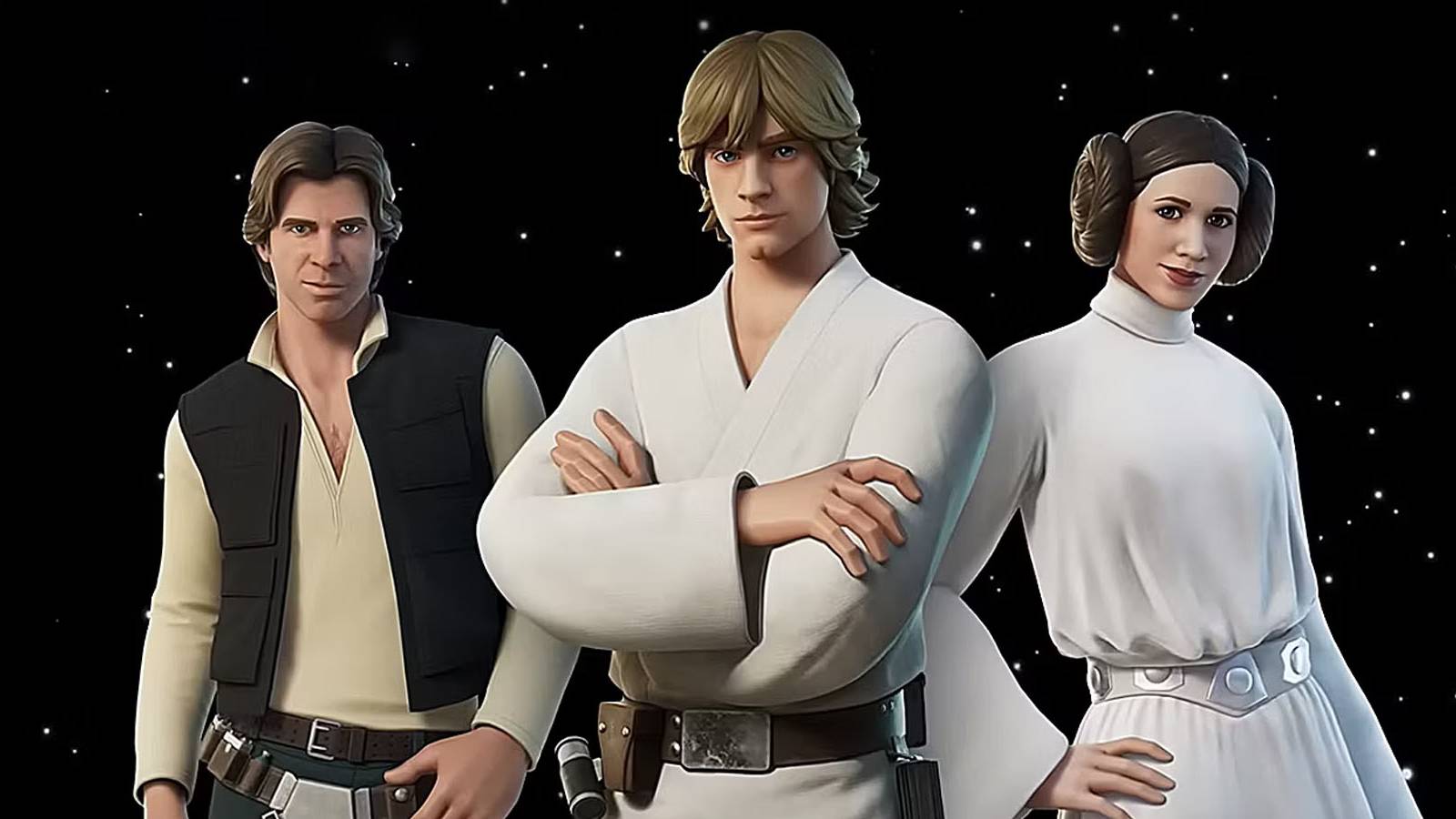 A promotional image of Luke Skywalker, Han Solo, and Princess Leia in Fortnite.