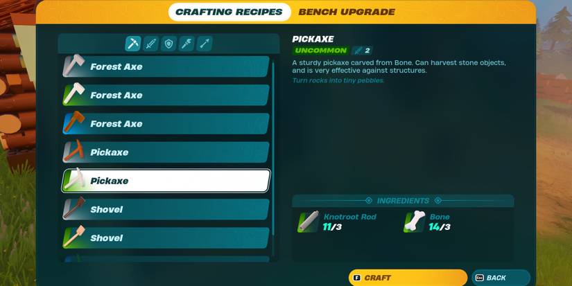 Image of the required materials for an Uncommon Pickaxe in Lego Fortnite