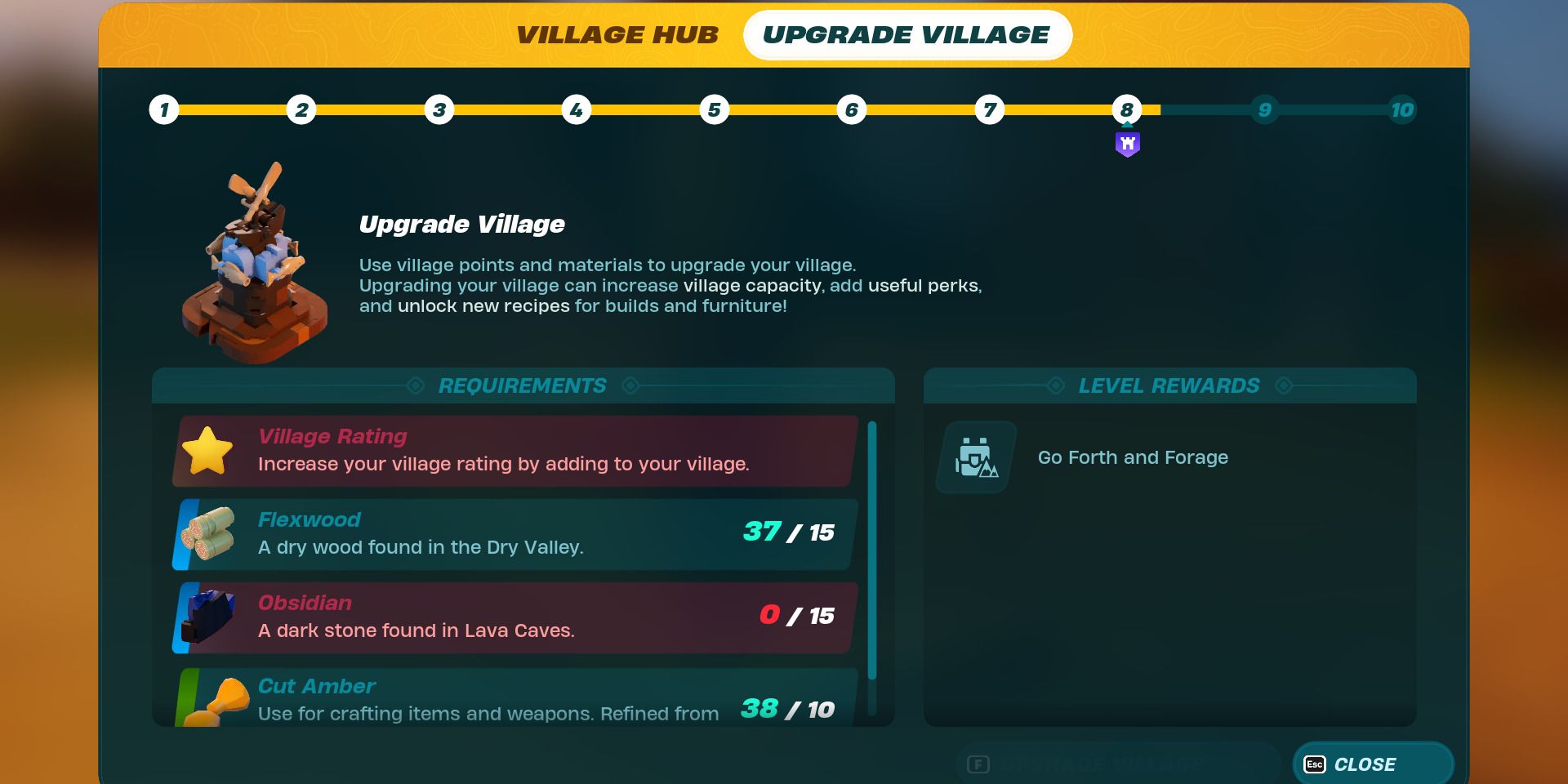 Image of the required materials to upgrade your village to Level 9 in Lego Fortnite