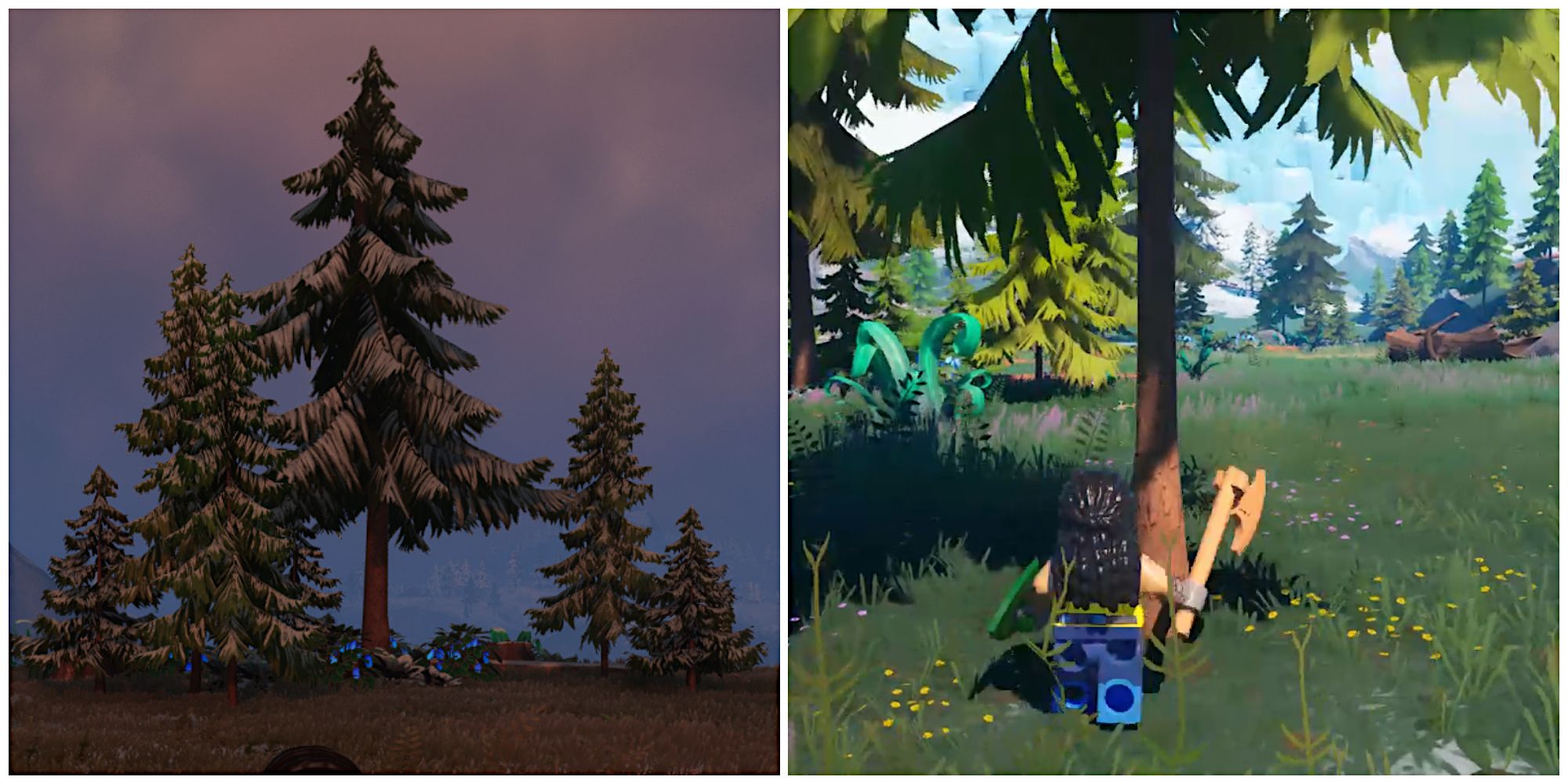 Split image of some Frostpine in the Frostlands and a character using an axe on some Frostpine in Lego Fortnite