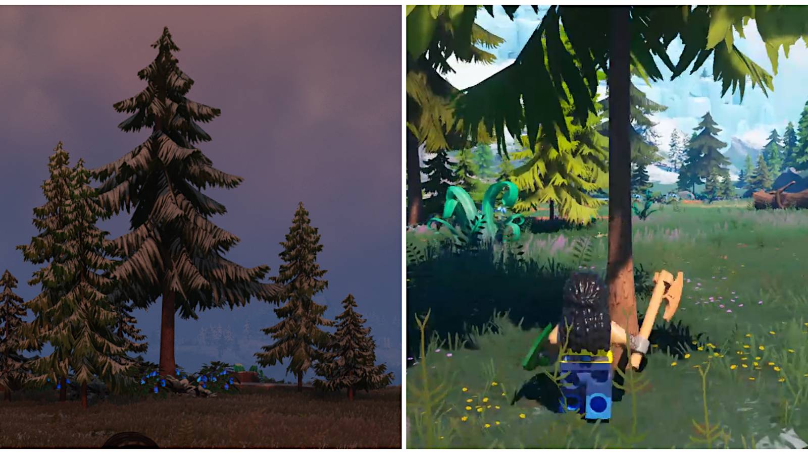 Split image of some Frostpine in the Frostlands and a character using an axe on some Frostpine in Lego Fortnite