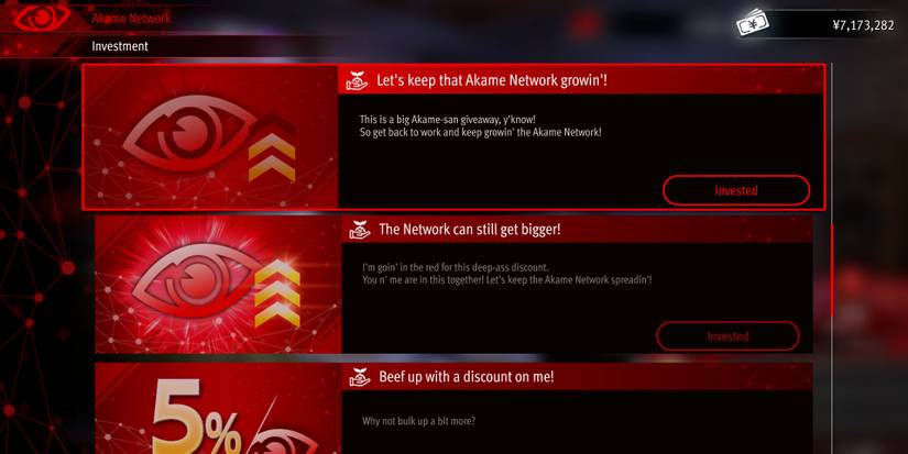 Image of the available Akame Network investments in Like a Dragon Gaiden