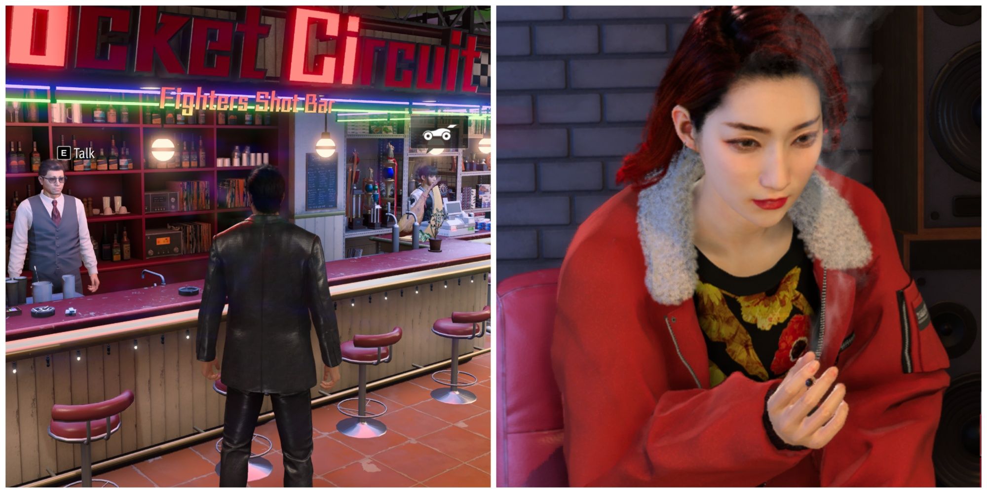 Split image of Kiryu at CourStar and Akame in her hideout in Like a Dragon Gaiden