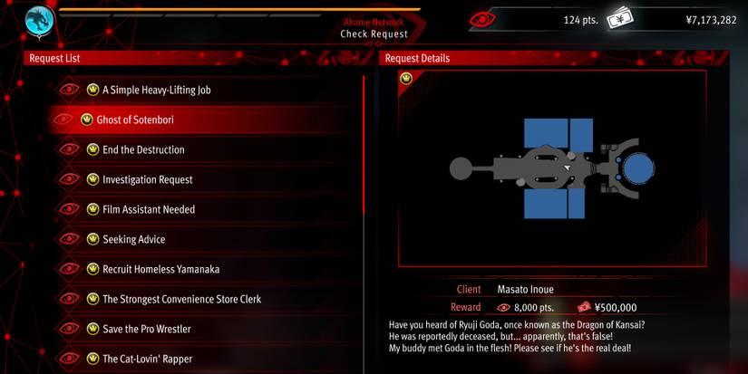 Image of the available Akame Requests in Like a Dragon Gaiden