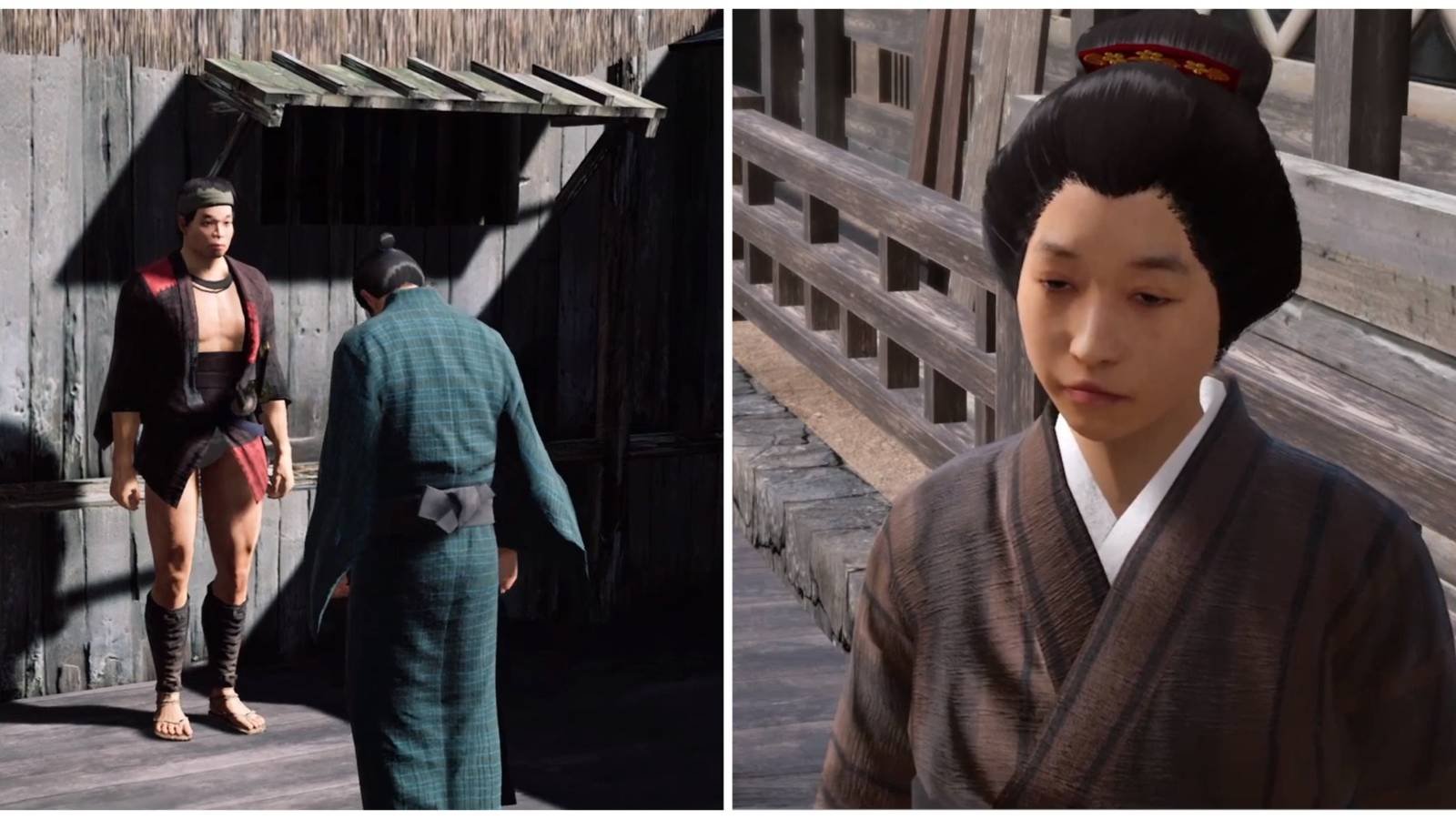 Split image of the perfume seller talking to a man and the Lovestruck Woman from the Scented Water substory in Like a Dragon Gaiden