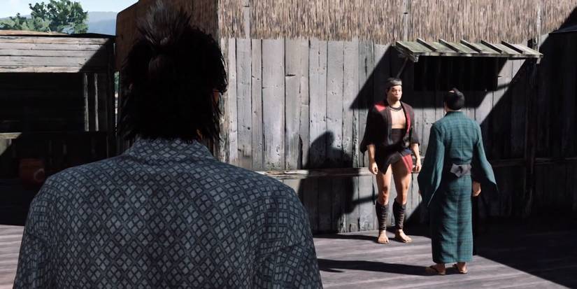 Image of Ryoma looking at the perfume seller in Like a Dragon Ishin