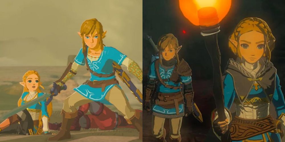 Link protecting Zelda in Breath of the Wild, and Link & Zelda exploring underneath Hyrule Castle in Tears of the Kingdom.