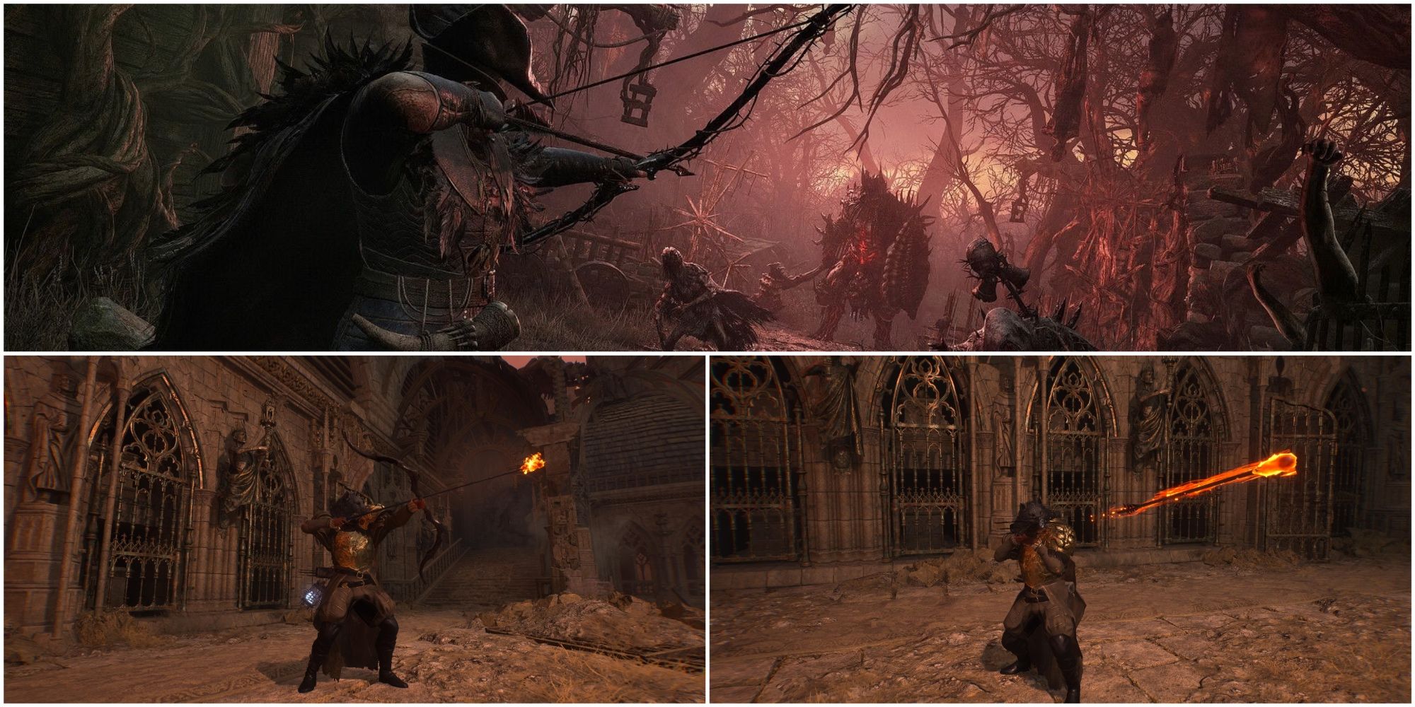 Imagem dividida mostrando diferentes arcos em Lords of the Fallen.