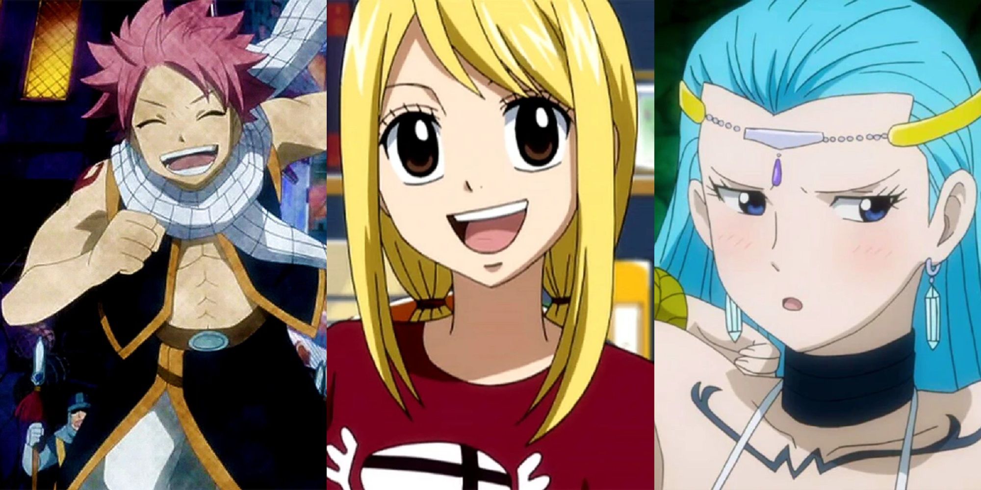 Split image of a smiling Natsu Dragneel running away, a grinning Lucy Heartfilia, and an embarassed Aquarius from the Fairy Tail series