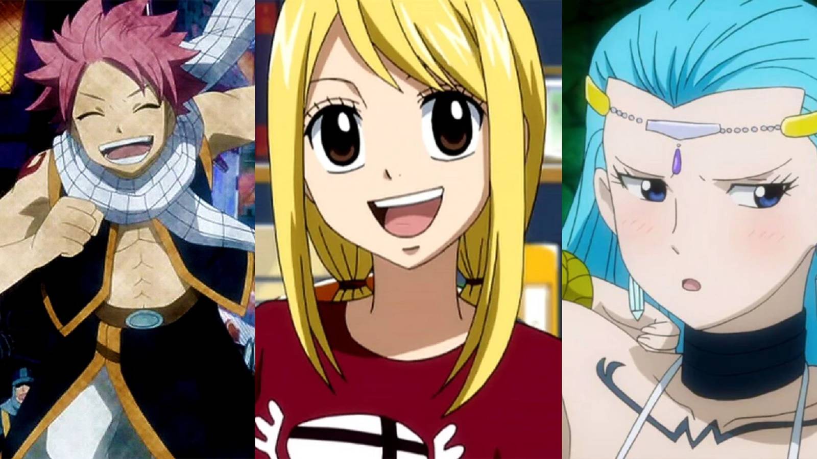 Split image of a smiling Natsu Dragneel running away, a grinning Lucy Heartfilia, and an embarassed Aquarius from the Fairy Tail series