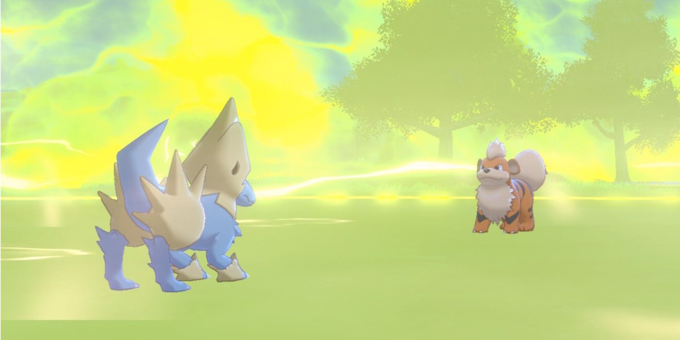 Pokemon Manectric using Electric Terrain against Growlithe with trees in background