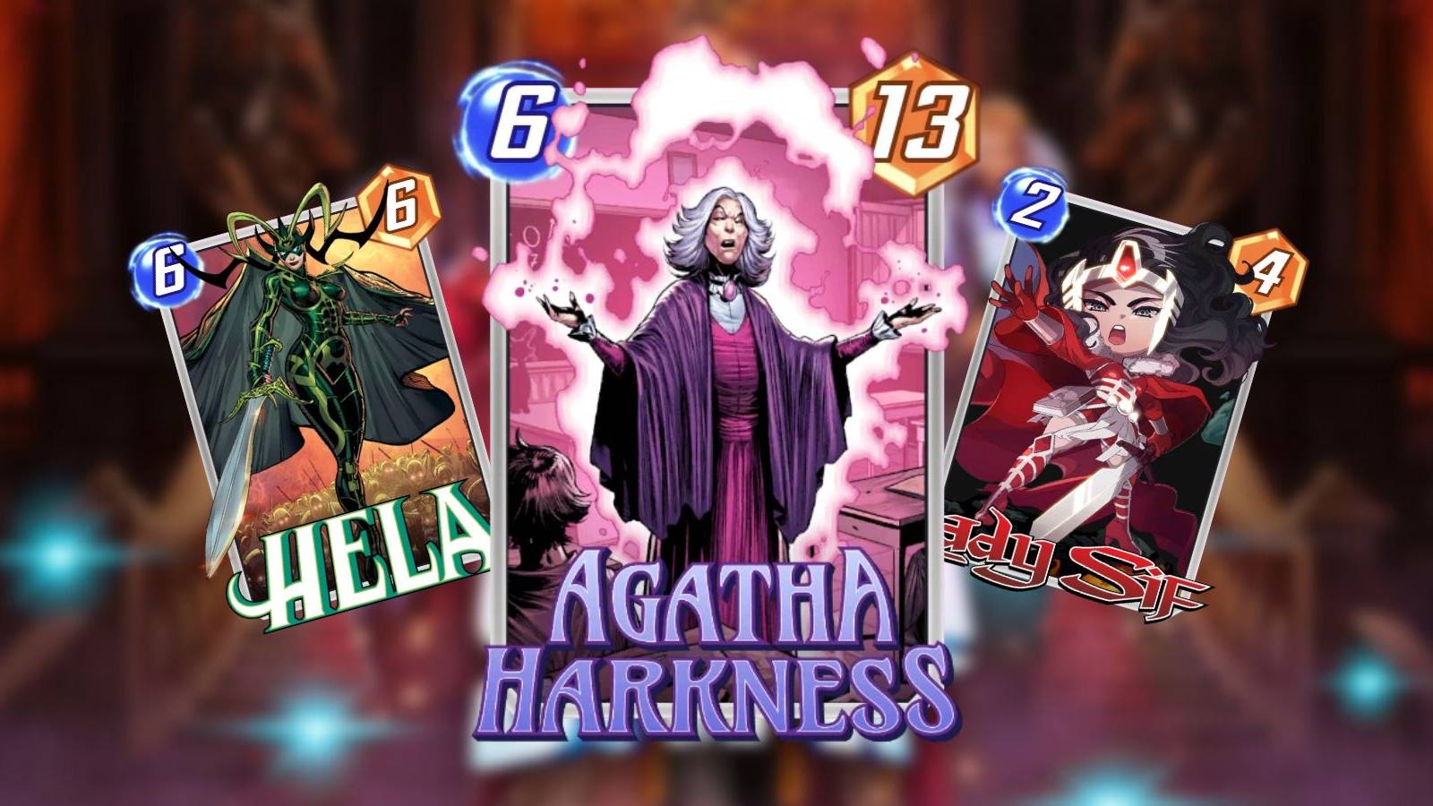agatha harkness, hela, and lady sif cards in marvel snap.