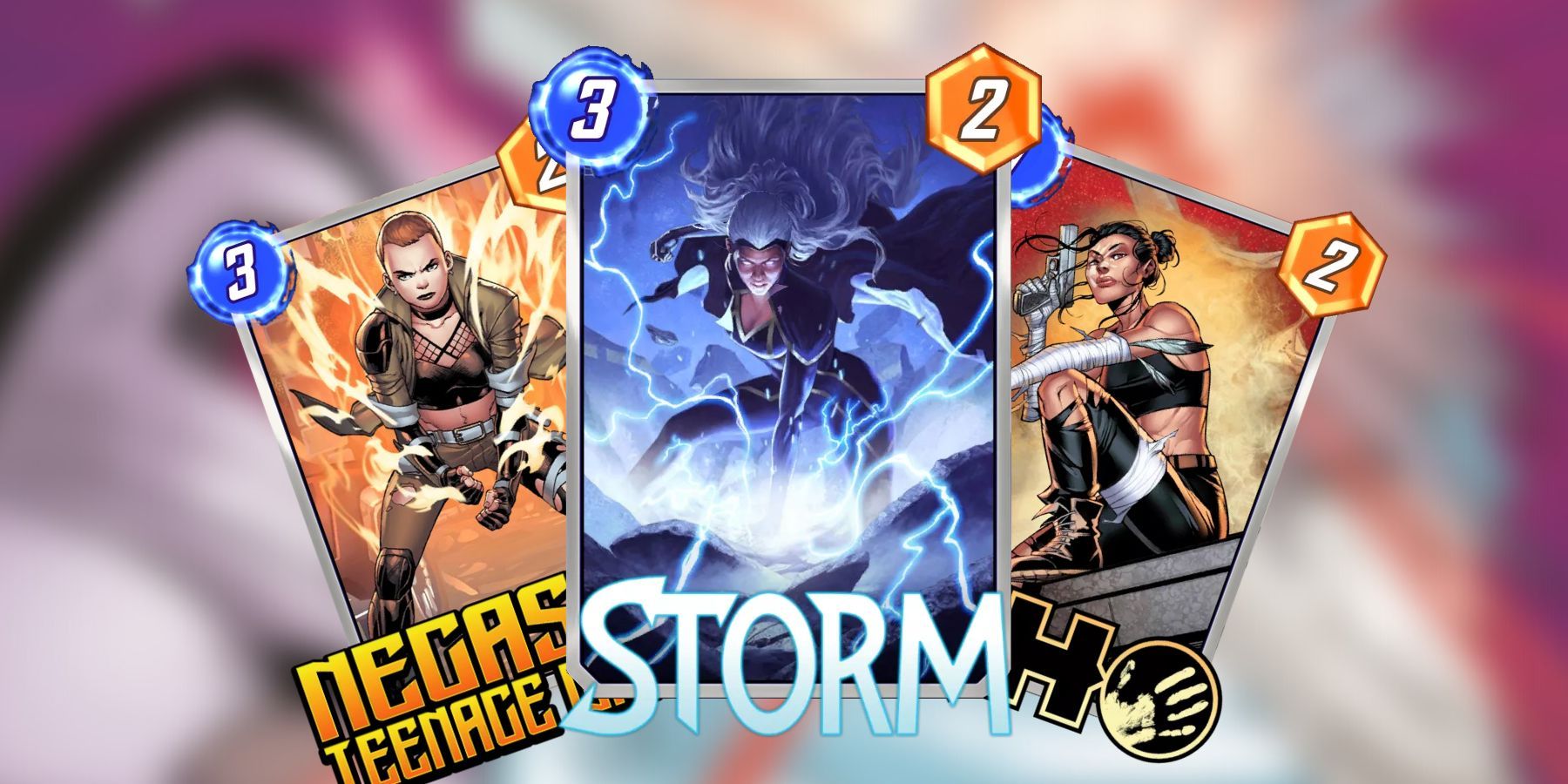 three main counter cards in marvel snap, storm, echo, and negasonic.