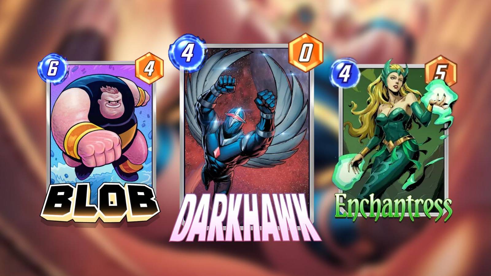 blob, darkhawk, and enchantress cards in marvel snap.