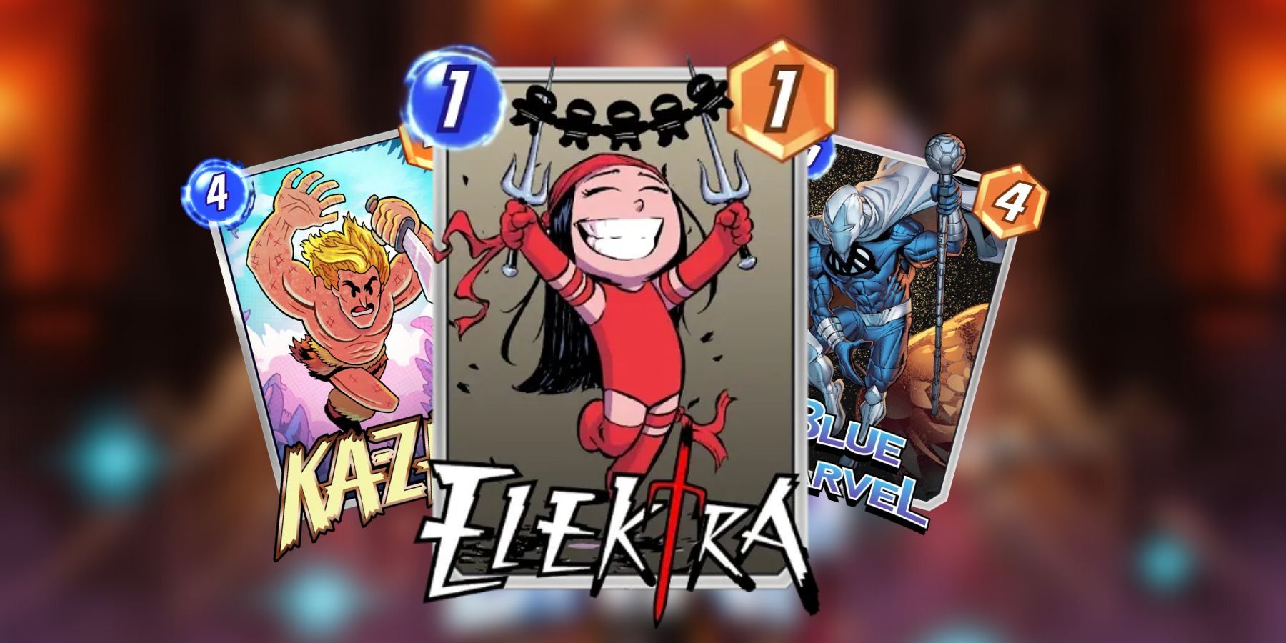 elektra, ka-zar, and blue marvel cards in marvel snap.