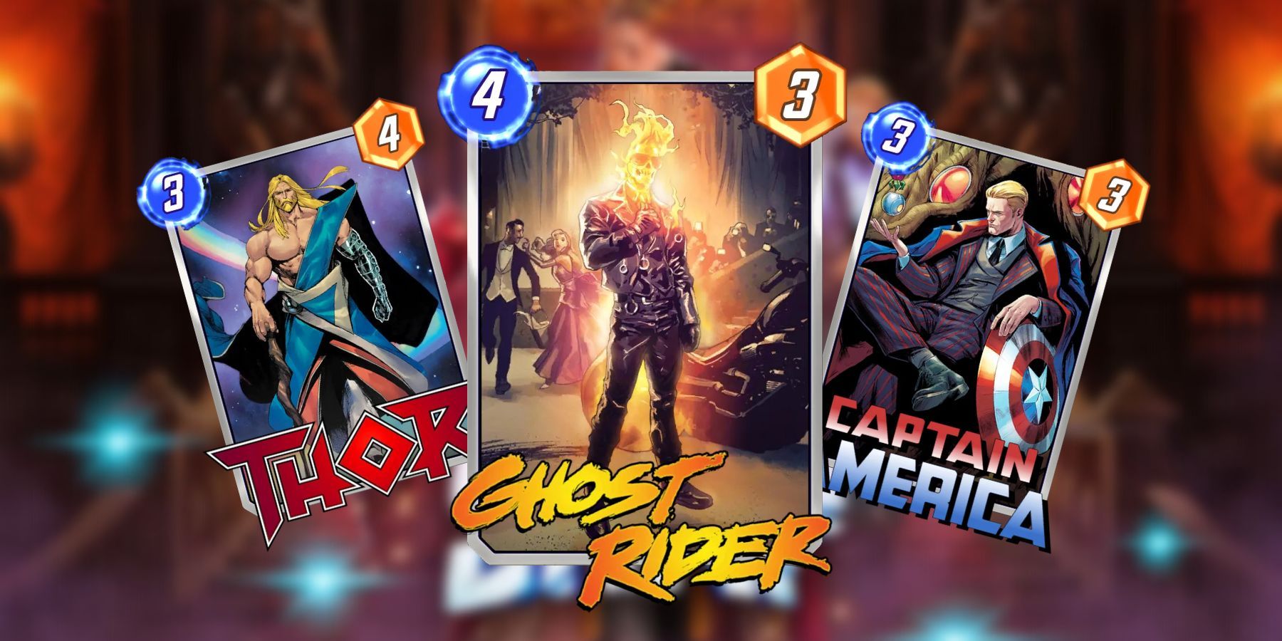 ghost rider, thor, and captain america hellfire gala variants in marvel snap.