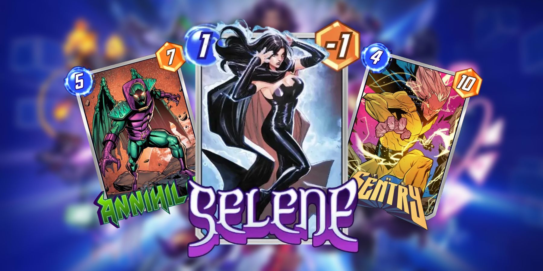 Cartões Selene, Aniquilador e Guardião no Marvel Snap.