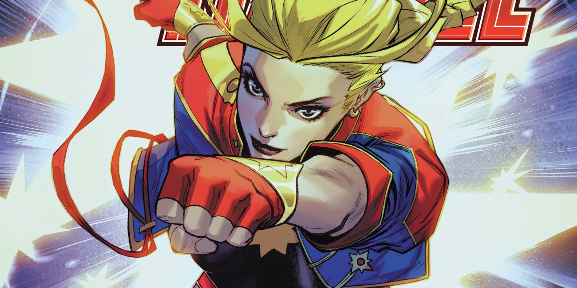 Carol Danvers flying in a comic cover