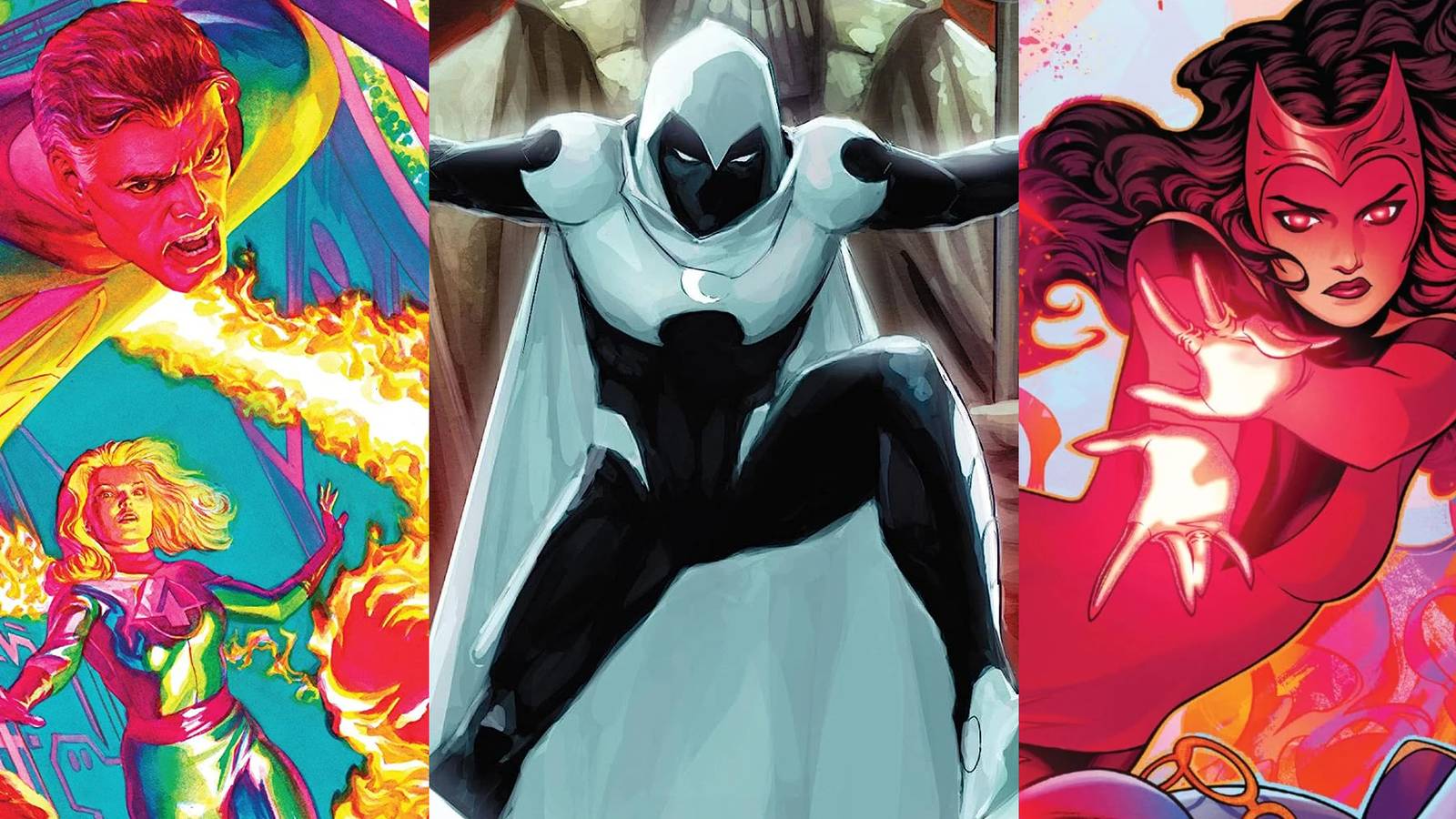 Richards and the Storm twins in a comic cover; Moon Knight in a comic cover; Wanda in a comic cover