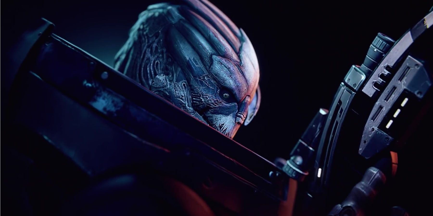 A screenshot of Garrus readying his sniper rifle in Mass Effect Legendary Edition.