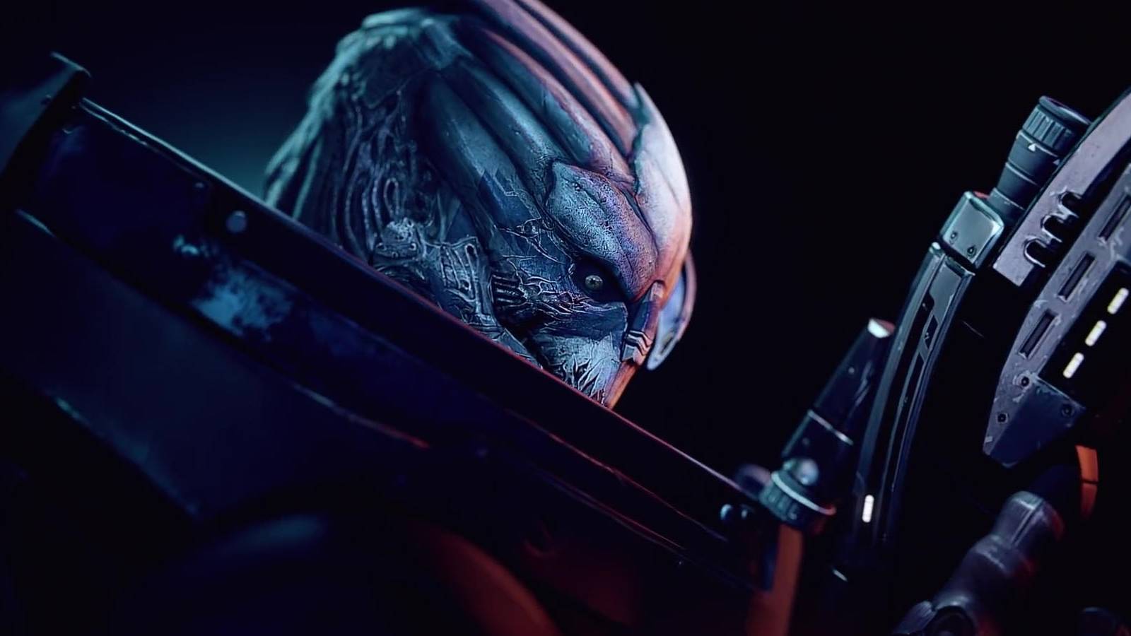 A screenshot of Garrus readying his sniper rifle in Mass Effect Legendary Edition.