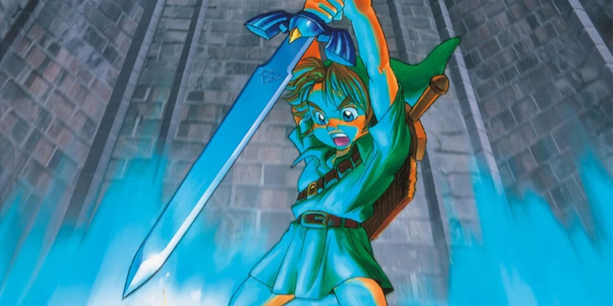 Link desenhando a Master Sword em uma ilustração OOT