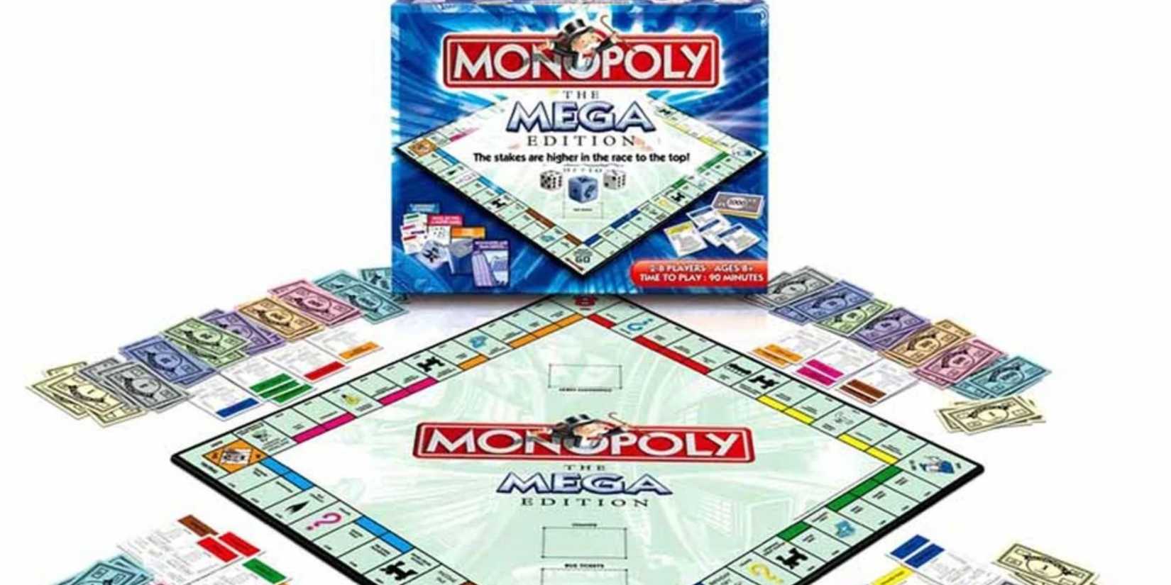 Monopoly Mega Edition set up with money and the board