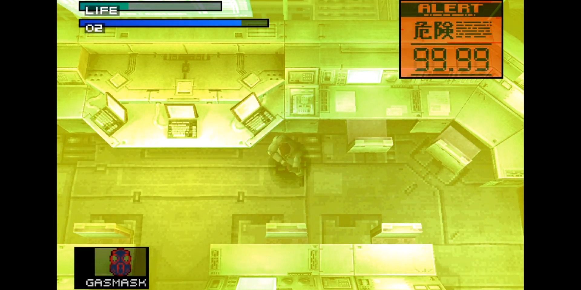Uma imagem de Solid Snake na sala de comando em Metal Gear Solid